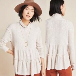Anthropologie Eri + Ali Bronte Waffle Knit Mock Neck Tiered Babydoll Sweater Top
